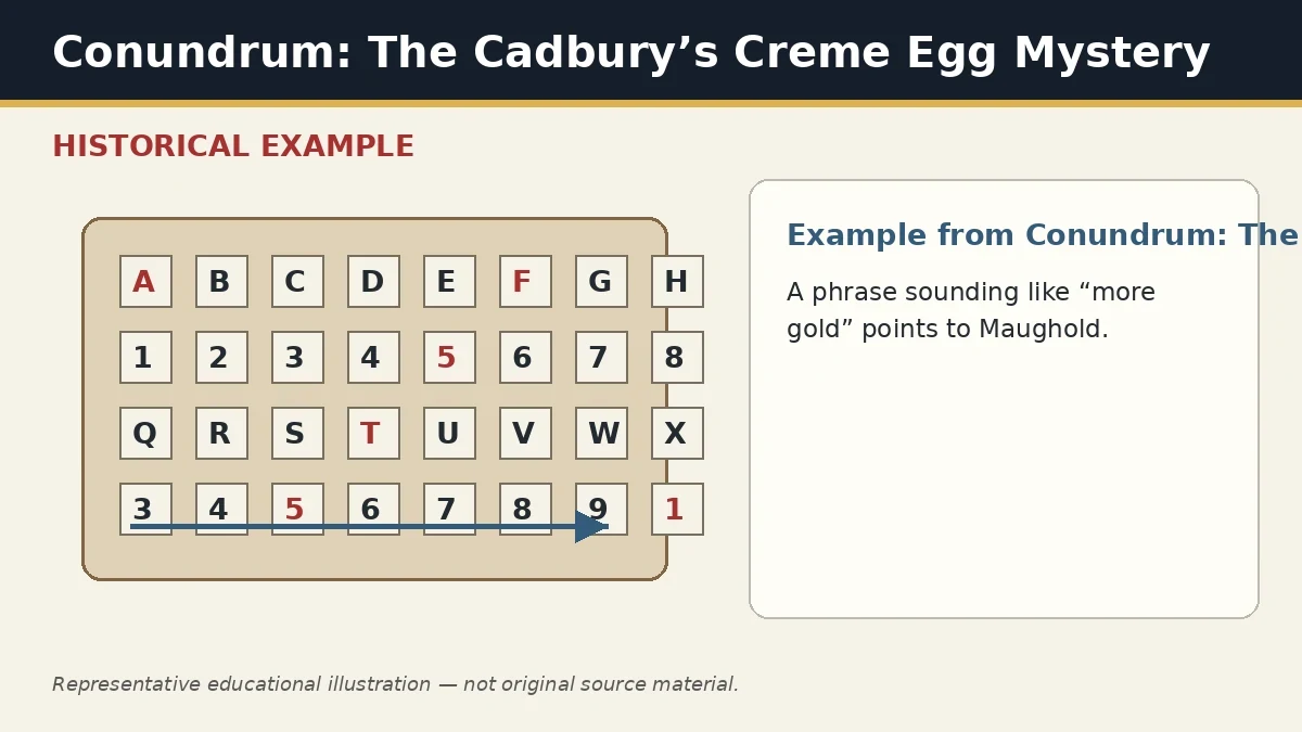 Representative example of Homophone Place Name as used in Conundrum: The Cadbury’s Creme Egg Mystery