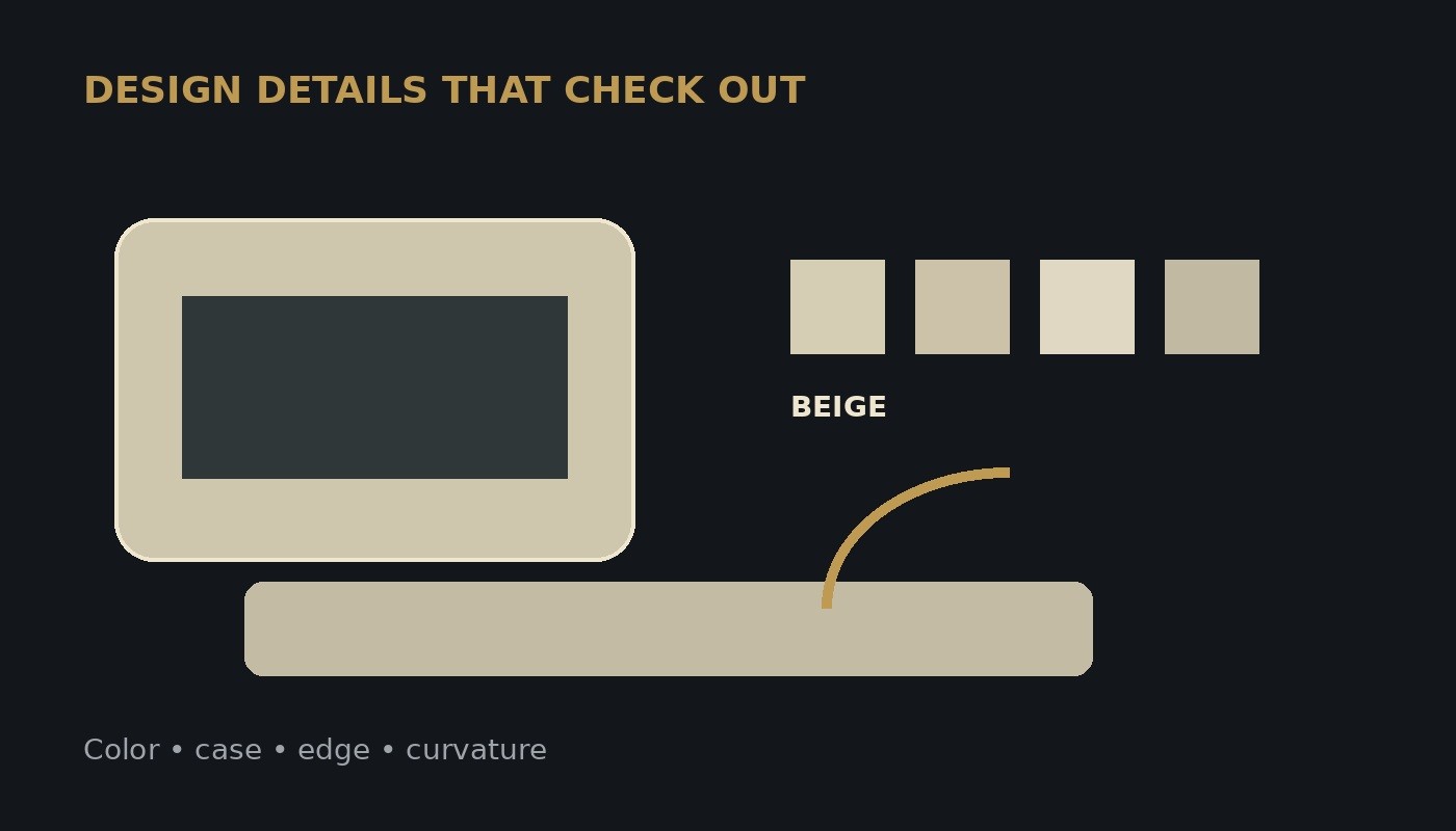 Editorial illustration of a beige early personal computer, beige swatches, and rounded-corner geometry.