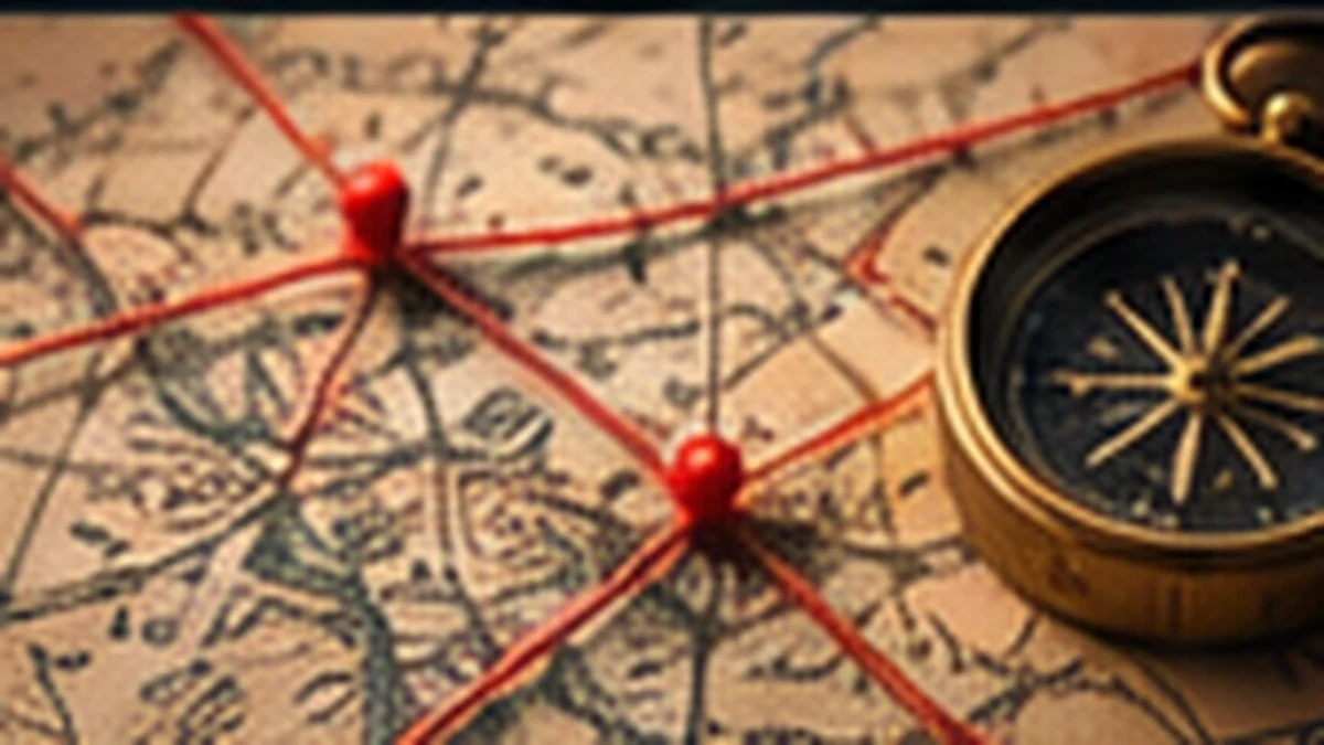 A vintage map with route connections and a compass.