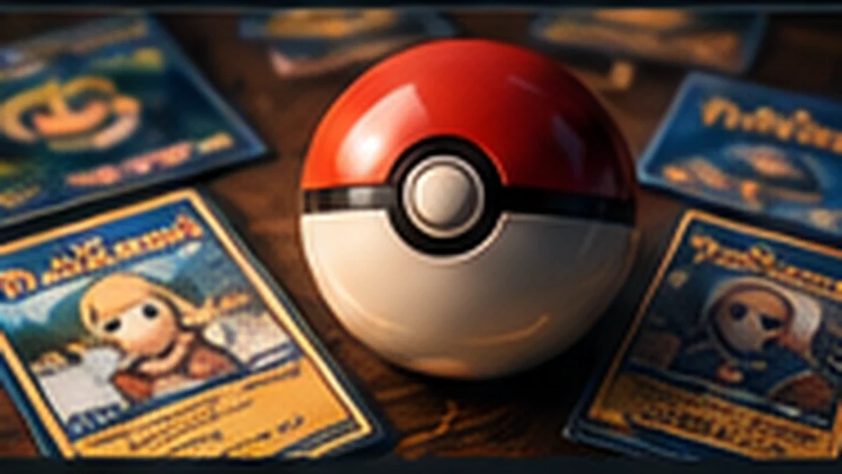 A collectible monster-game themed display with cards and a capture-ball motif.
