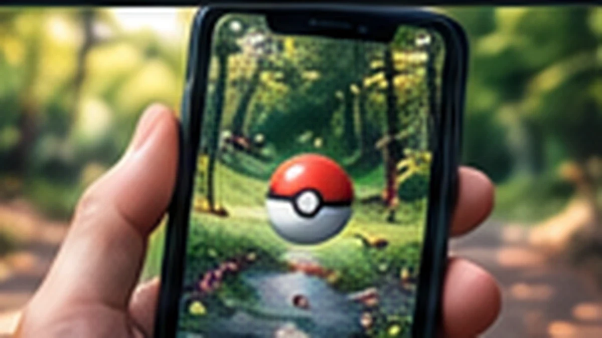 A phone displaying an augmented-reality creature-catching scene in a park.