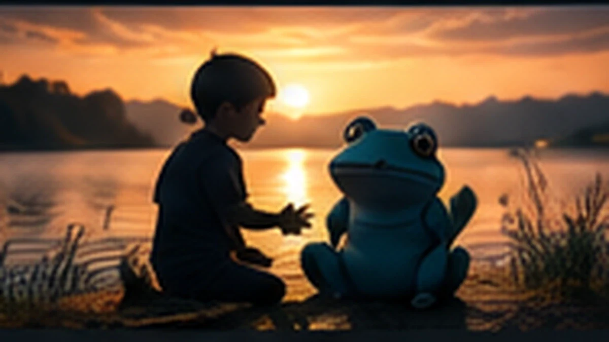 Young Jon and Froakie represented as narrative mirrors at sunset.