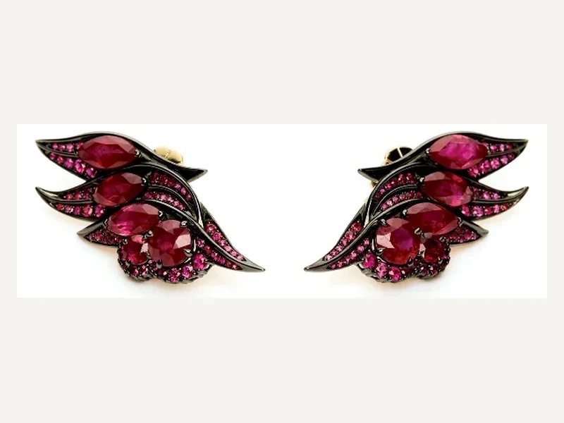 Winged pigeon-blood ruby earrings by Angie Marei