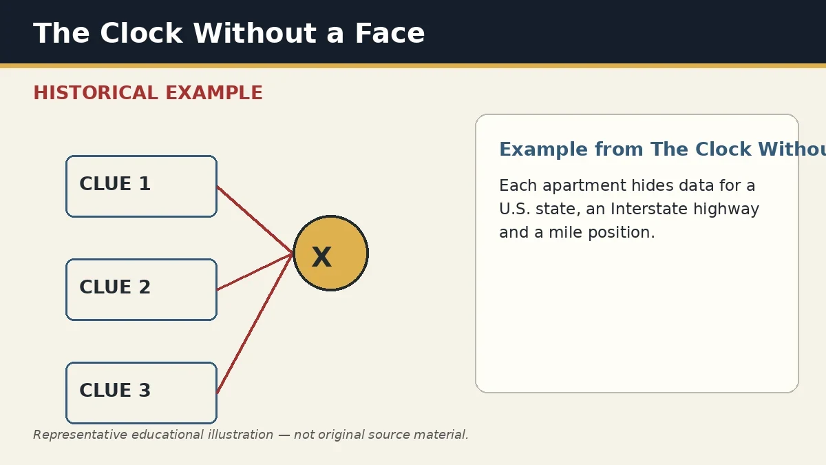 Representative example of State–Interstate–Mile Template as used in The Clock Without a Face