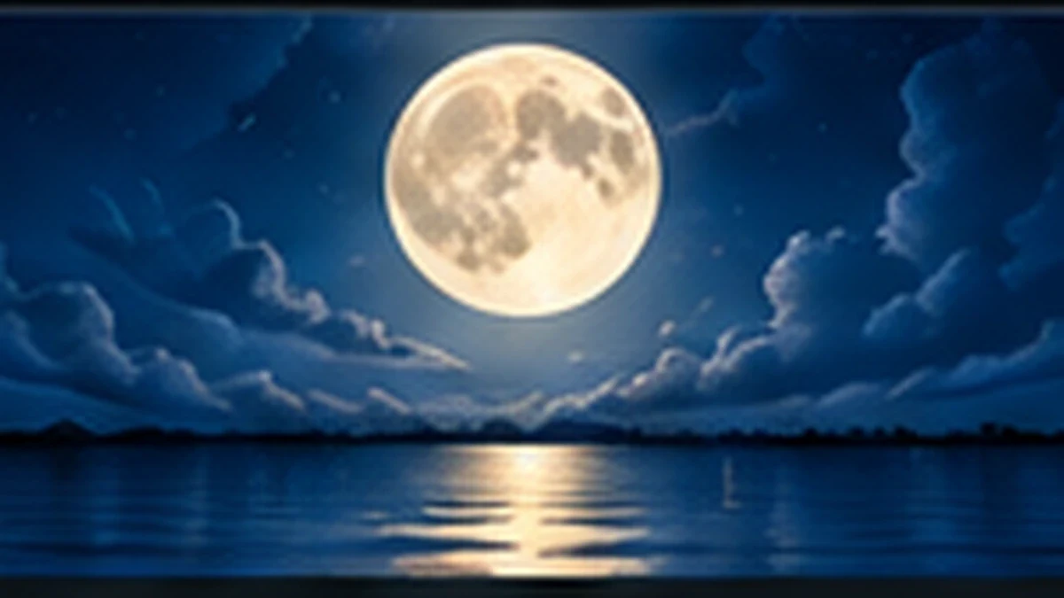 A full moon over dark water and clouds.